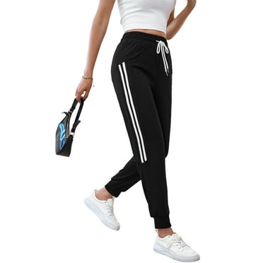 Womens Sweatpants Joggers with Pockets Lady Athletic Gym Lounge Pants Side Stripe for Workout Running Black