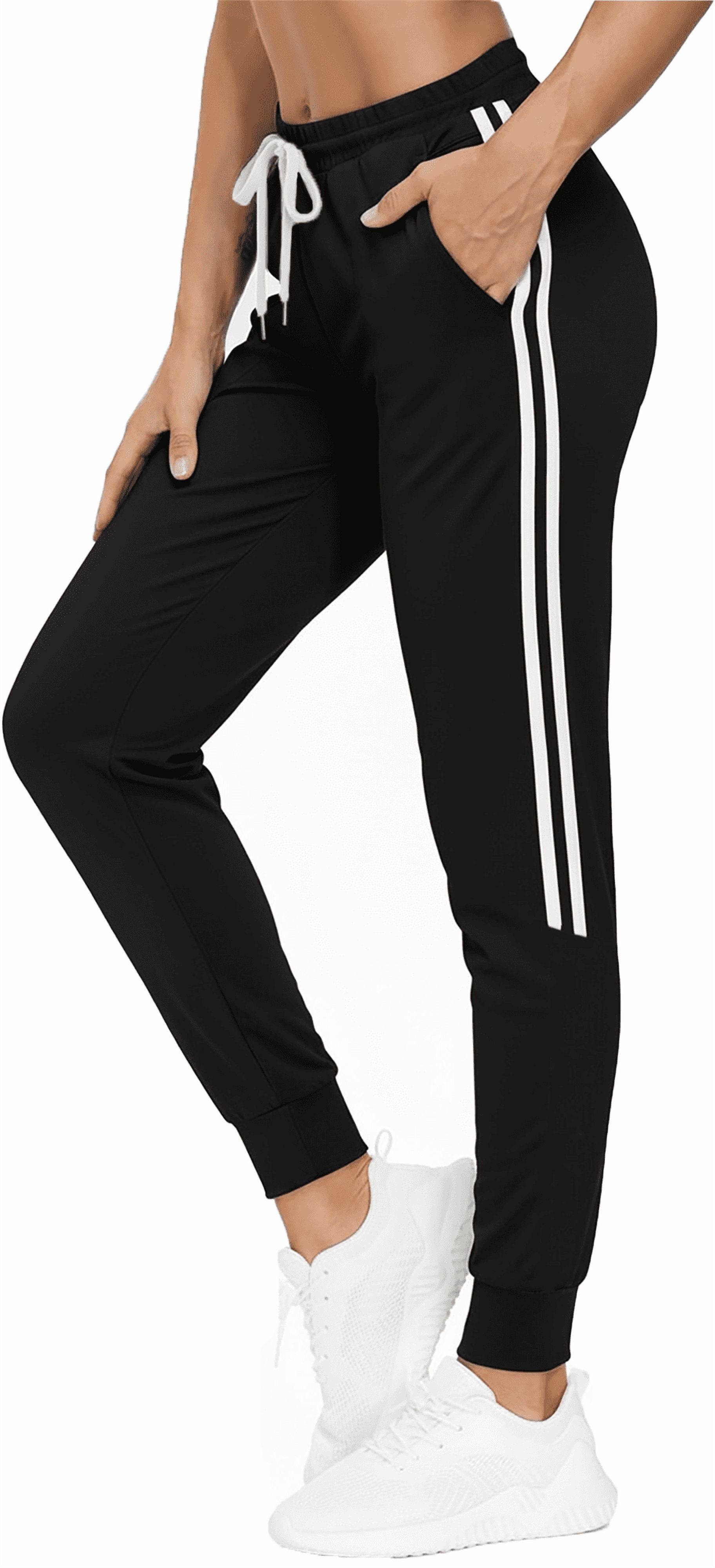 Womens Sweatpants Joggers with Pockets Bottom Track Lounge Pant Lady Athletic Gym Lounge Pants Side Stripe for Workout Running Black