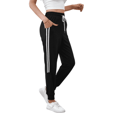 Womens Sweatpants Joggers with Pockets Lady Athletic Gym Lounge Pants Side Stripe for Workout Running Black