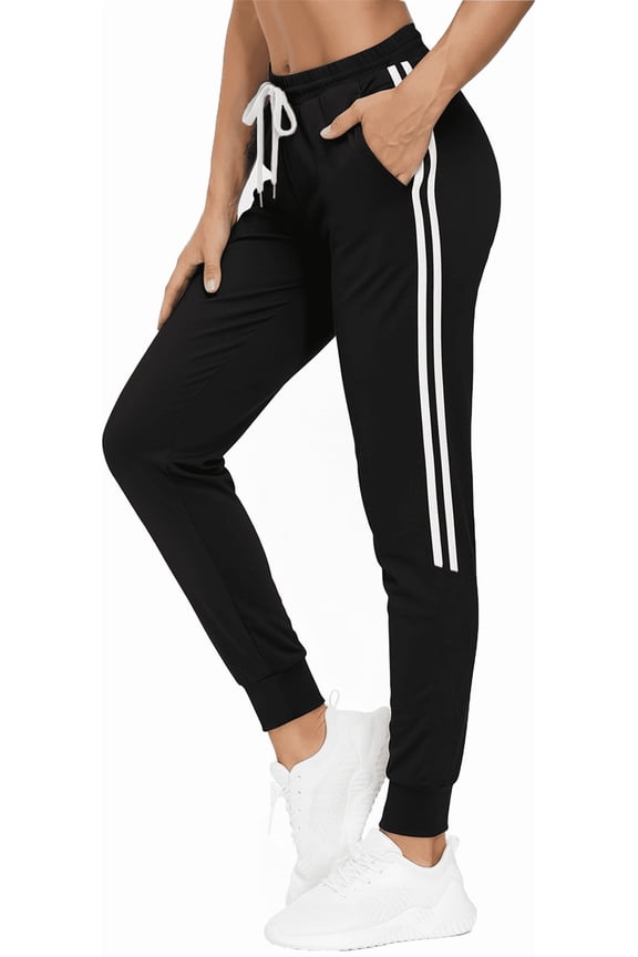 Womens Sweatpants Joggers with Pockets Bottom Track Lounge Pant Lady Athletic Gym Lounge Pants Side Stripe for Workout Running Black