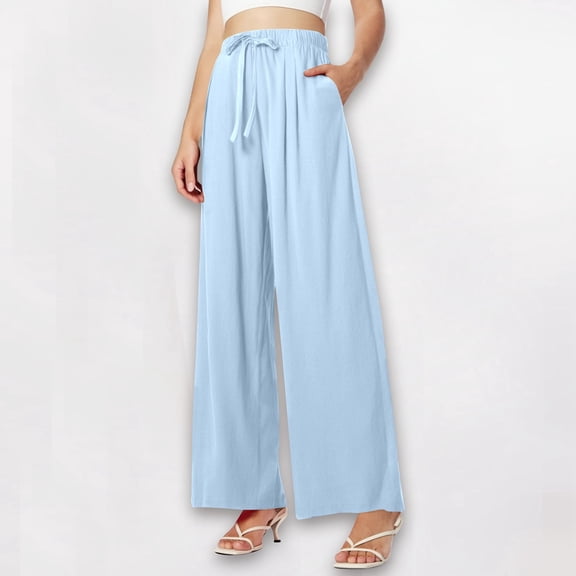 Womens Sweatpants Joggers Thick Women's Summer High Waisted Drawstring Linen Wide Leg Beach Pants with Pockets Comfortable Casual Pure Color Loose Fit Trousers for Vacation Travel and Relaxation