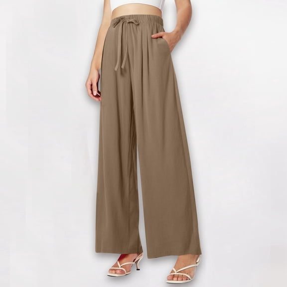 Womens Sweatpants Joggers Thick Women's Summer High Waisted Drawstring Linen Wide Leg Beach Pants with Pockets Comfortable Casual Pure Color Loose Fit Trousers for Vacation Travel and Relaxation