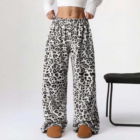 Womens Sweatpants Leopard Print Pants High Waisted Baggy Trousers Fuzzy Pajama Sleepwear Fashion Clothing
