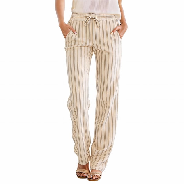 Womens Sweatpants Linen High Waist Elastic Summer Beach Casual Wide Leg Sweatpants Women Beige L