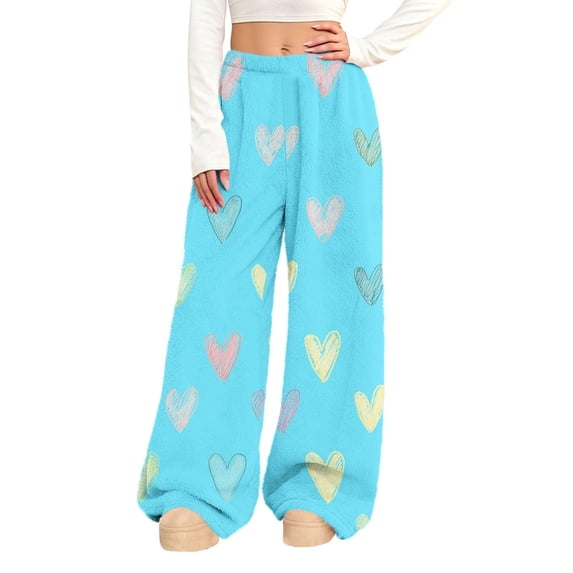 Womens Sweatpants Plush Flannel Fuzzy Heart Print Elastic Lounge Wide Leg Sweatpants Women Purple L