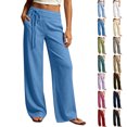 thumbnail image 1 of Womens Sweatpants Solid Color Cotton Linen High Waisted Drawstring Elastic Waist Pants with Pockets for Daily,Travel and Loungewear, 1 of 8