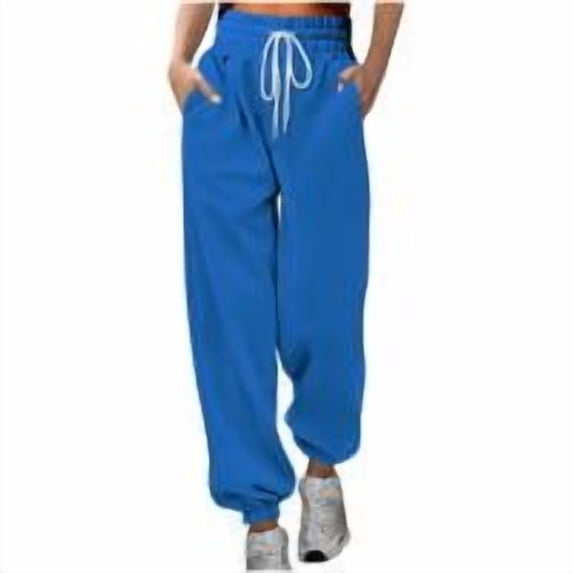 Womens Sweatpants Solid Color High-Waisted Casual Belt Straight Leg Pants Blue (M)