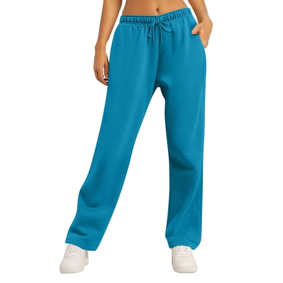 Womens Sweatpants Straight Leg Elastic Waist Drawstring Casual Loose Fit Solid Color Sweat Pants with Pockets (L, Blue)