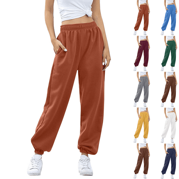 Womens Sweatpants Wide Leg Casual Solid Color Stretch Waist Pocket Long Trousers Pants Drawstring Athletic Joggers Coffee S-3XL