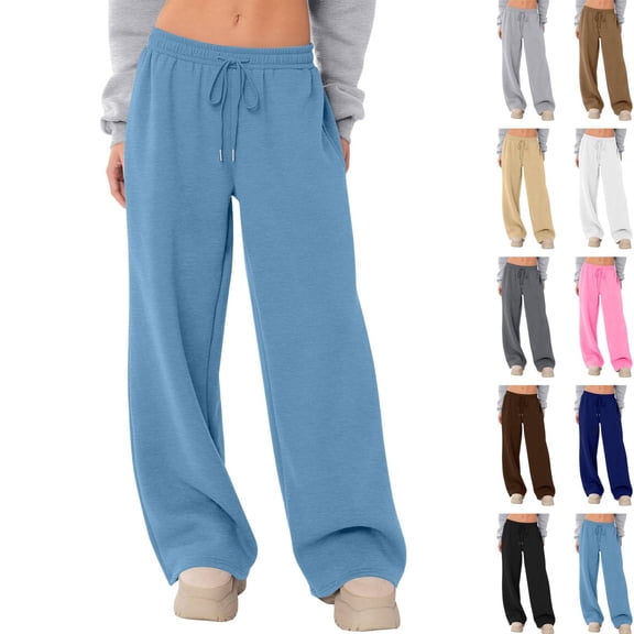 Womens Sweatpants Wide Leg Fleece Lined High Waisted Baggy Lounge Pants Cozy Joggers with Drawstring Casual Sweat Pants Spring Light Blue XL