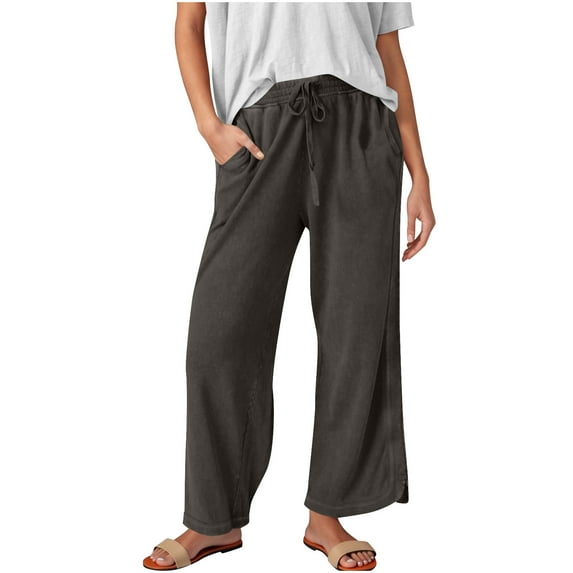 Womens Sweatpants Wide-leg with Pockets Solid Color Baggy Wide-Leg Pants Casual Elastic-Waistband Pocket Pants for Golf, Athletic,Travel, Work Dark Gray M