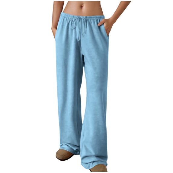 Womens Sweatpants Wide-leg with Pockets Solid Color Elastic Waist Sports Casual Pants With Side Pockets Athletic Pants for Workout, Jogging, Running Light Blue L