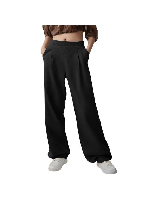 Womens Sweatpants Wide-leg with Pockets Solid Color Wide-leg Loose Straight Sweatpants With Pockets Athletic Pants for Workout, Jogging, Running Black M