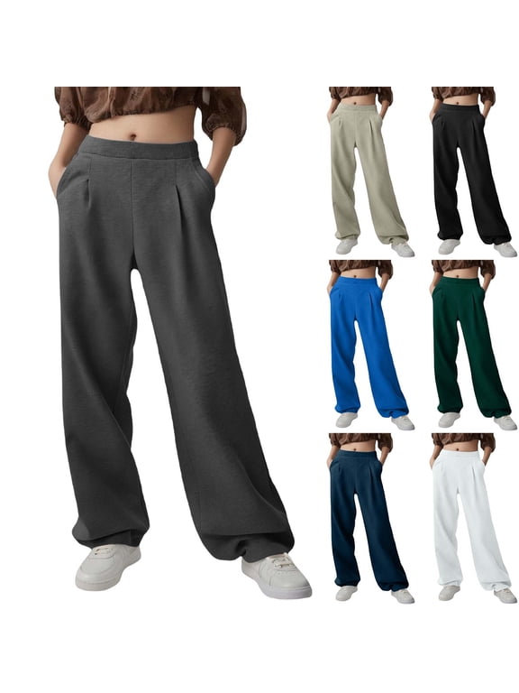 Womens Sweatpants Wide-leg with Pockets Solid Color Wide-leg Loose Straight Sweatpants With Pockets Athletic Pants for Workout, Jogging, Running Dark Gray S