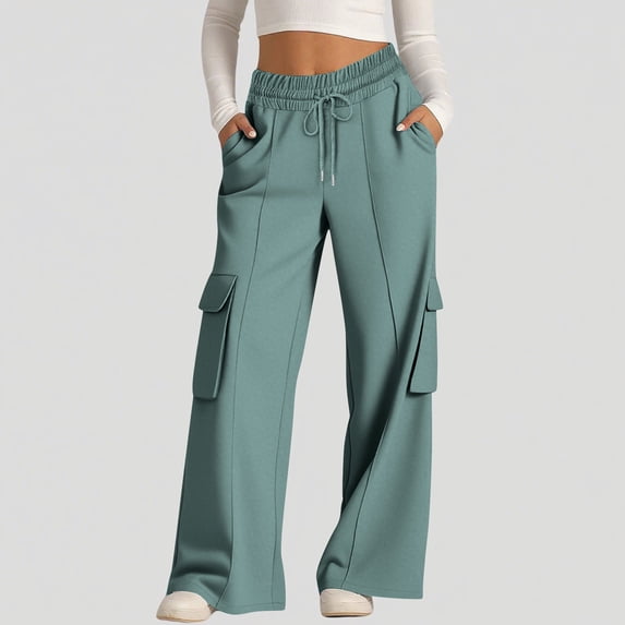 Womens Sweatpants With Pockets Women's Cargo Sweatpants Drawstring Wide Legs Pants Casual Baggy Pant With Multi Pockets Green S