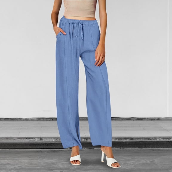 Womens Sweatpants Women Casual Solid Color Trouser Pant Cotton Blend Drawstring Elastic Waist Pocket Long Wide Leg Pants Fashion Clothing