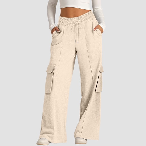 Womens Sweatpants Women's Fashion Solid Color Waist Wide Leg Casual Pants with Drawstring Pocket Pants Fashion Clothing