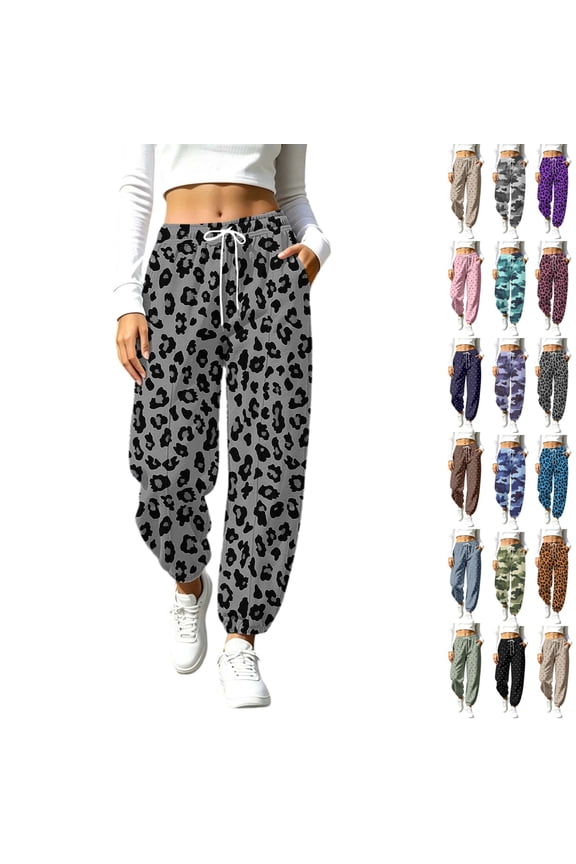 Womens Sweatpants, Women's Leopard Print Sweatpants Drawstring Waist Joggers with Pockets Baggy Barrel Leg Lounge Pants