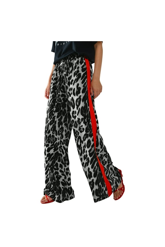 Womens Sweatpants Women's Leopard Print and Red Drawstring Wide Leg Pant Fashion Clothing