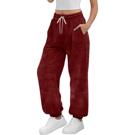 Womens Sweatpants Womens Winter Fleece Pants Warm High Waisted Plush Joggers Loose Fit Fuzzy Pants with Pockets Furry Loungewear Fashion Clothing