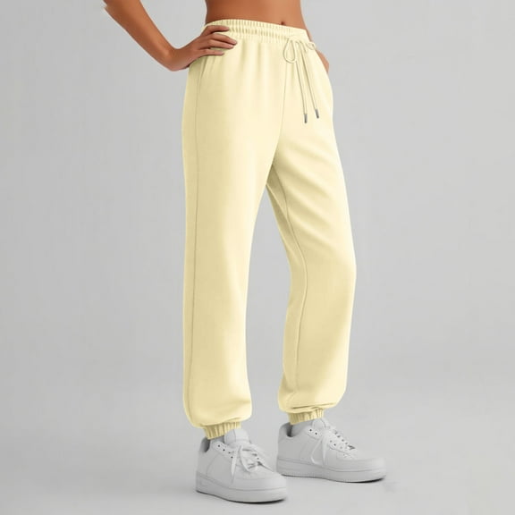Womens Sweatpants with Pockets High Waist Jogger Pants Loose Fit Drawstring Casual Solid Color Lounge Pants for Daily Wear and Sports Beige