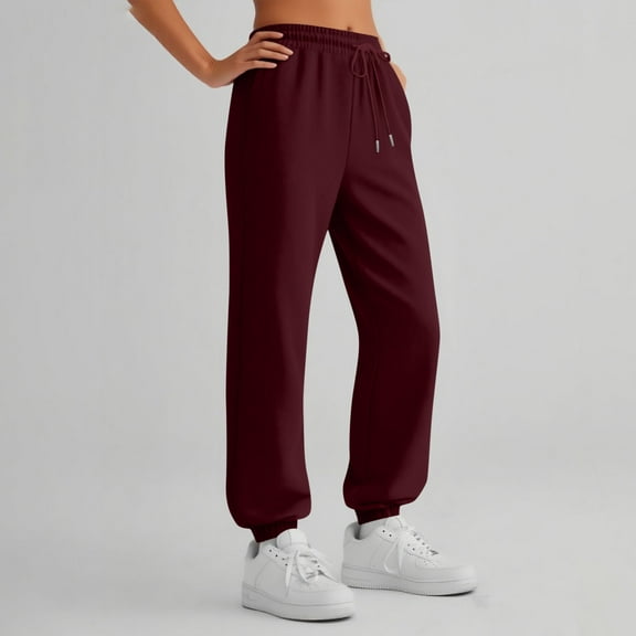 Womens Sweatpants with Pockets High Waist Jogger Pants Loose Fit Drawstring Casual Solid Color Lounge Pants for Daily Wear and Sports Wine