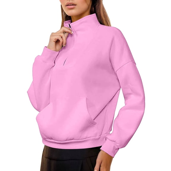 Womens Sweatshirt 2025 Fall Winter Trendy Quarter Zip Stand Collar Solid Blouses Drop Shoulder Y2k Casual Pullover Tops with Pocket