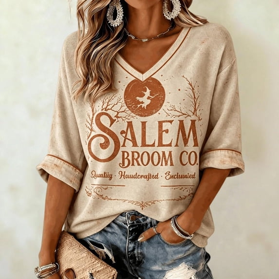 Womens Sweatshirt 3/4 Sleeve Vintage Washed V Neck Pullover Broom Witch Theme Graphic Casual Fall Halloween Occasions Top Khaki XXXL