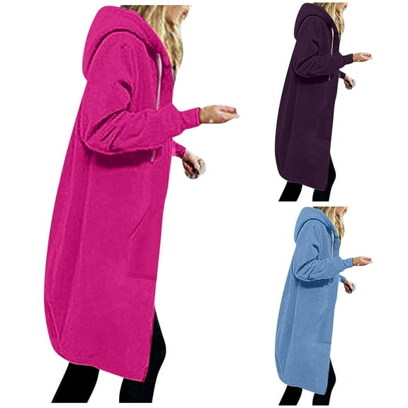 Womens Sweatshirt Autumn Winter Casual Solid Drawstring Hooded Long Zipper Pocket Coat Long Jacket Hoodies Hot Pink S