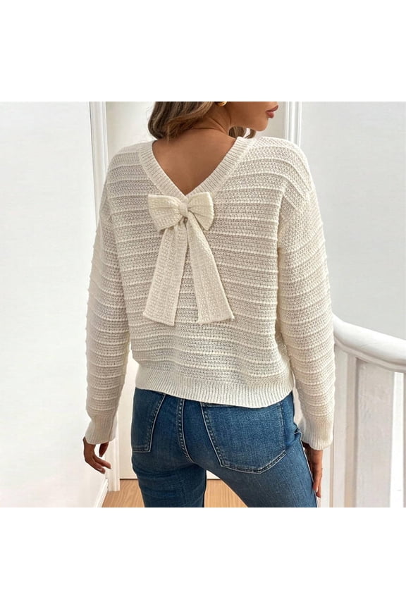 Womens Sweatshirt Back Bow Solid Color Long Sleeve Round-Neck Sweater Beige M