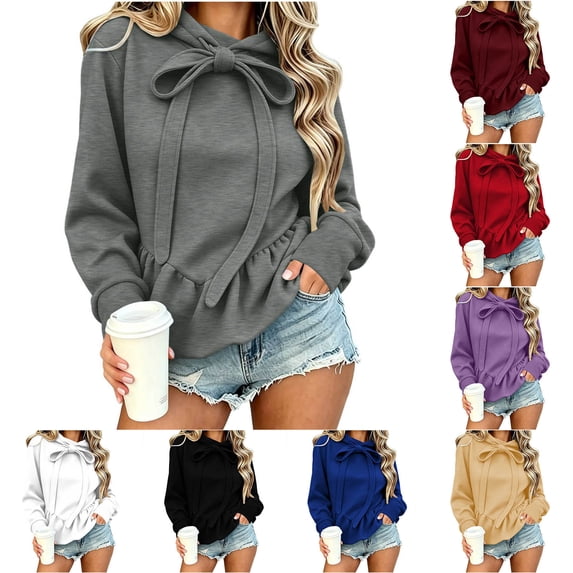 Womens Sweatshirt Bow-Tie Hooded Cute Long Sleeve Pullover with Ruffled Hem for Fall & Winter Casual Wear