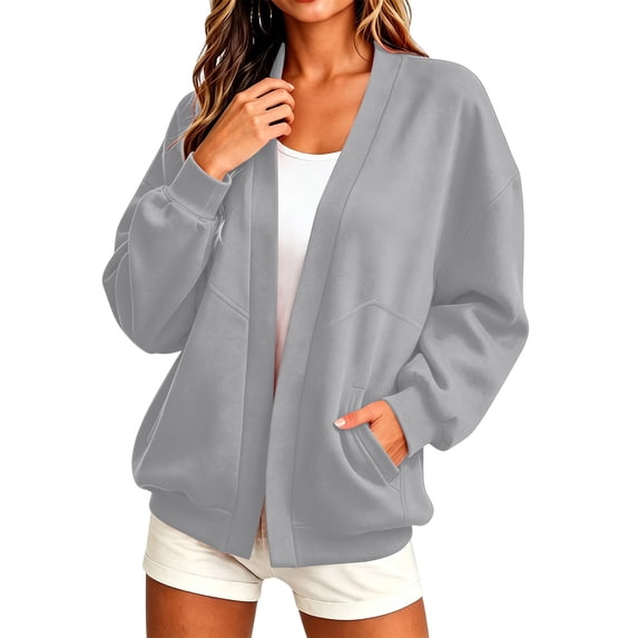 Womens Sweatshirt Cardigan Solid Color Long Sleeve Open Front Loose Sweatshirts with Pockets Gray L