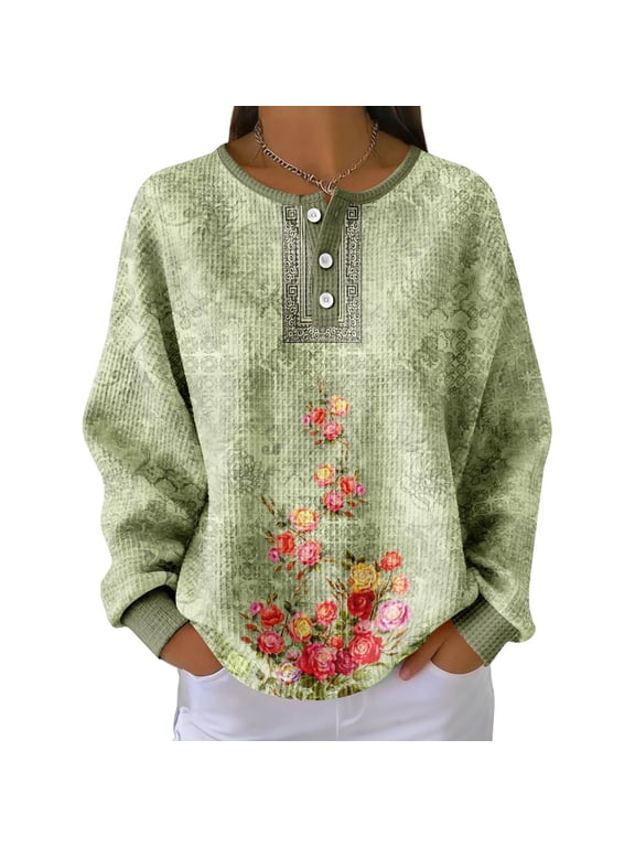 Womens Sweatshirt Casual Boho Floral Print Henley Pullover Long Sleeve Leisure Loose Fit Top Light Green S