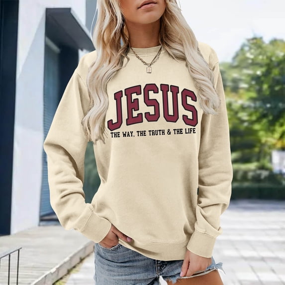 Womens Sweatshirt Casual Faith Letter Graphic Print Crew Neck Long Sleeve Pullover Top Vintage Fall Winter Oversized Sweatshirts Beige L