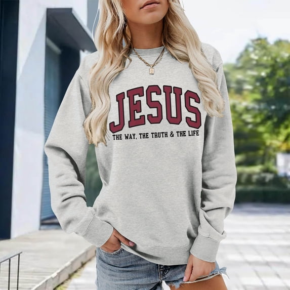 Womens Sweatshirt Casual Faith Letter Graphic Print Crew Neck Long Sleeve Pullover Top Vintage Fall Winter Oversized Sweatshirts Light Gray 2XL