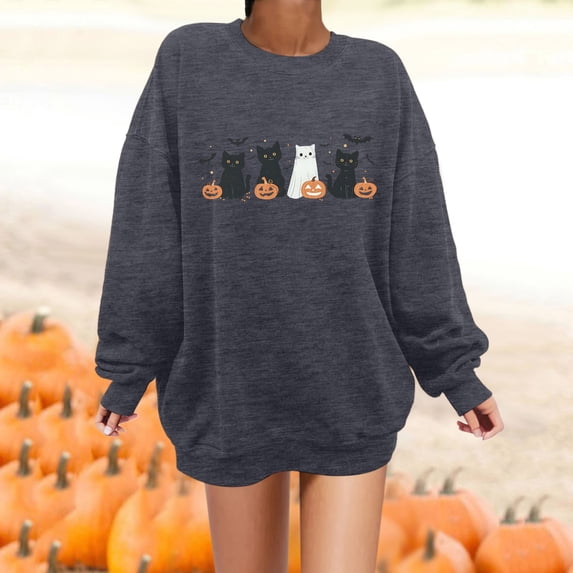 Womens Sweatshirt Casual Ghost Black Cat Pumpkin Graphic Crew Neck Long Sleeve Pullover Cutecore Streetwear Halloween Top Fall Winter Oversized Sweatshirts Grey 2XL