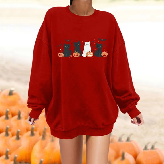 Womens Sweatshirt Casual Ghost Black Cat Pumpkin Graphic Crew Neck Long Sleeve Pullover Cutecore Streetwear Halloween Top Fall Winter Oversized Sweatshirts Red XL