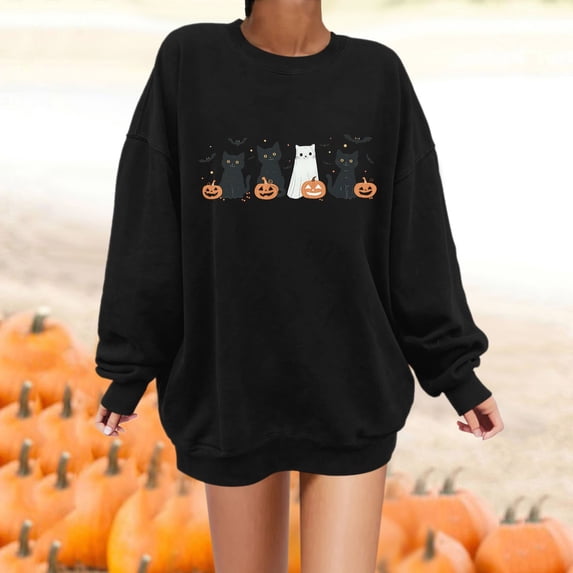 Womens Sweatshirt Casual Ghost Black Cat Pumpkin Graphic Crew Neck Long Sleeve Pullover Cutecore Streetwear Halloween Top Fall Winter Oversized Sweatshirts Black L