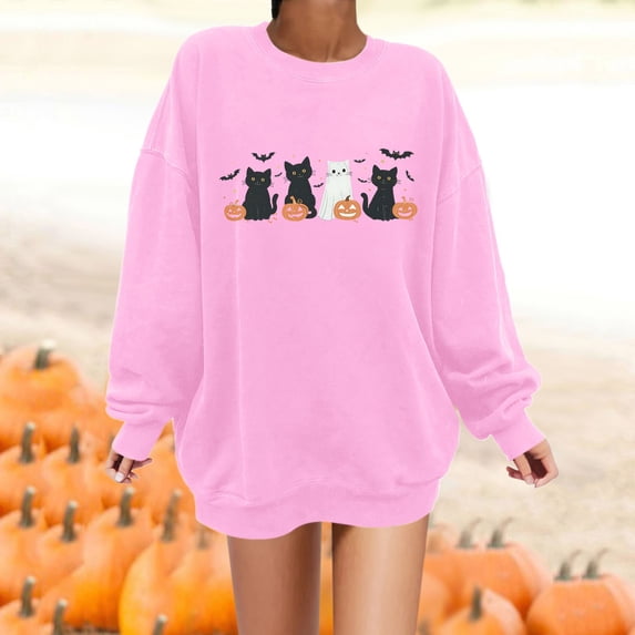 Womens Sweatshirt Casual Ghost Black Cat Pumpkin Graphic Crew Neck Long Sleeve Pullover Cutecore Streetwear Halloween Top Fall Winter Oversized Sweatshirts Pink S