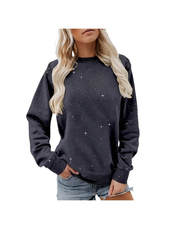 Womens Sweatshirt Casual Goth Star Glitter Graphic Crew Neck Long Sleeve Pullover Y2K Streetwear Top S