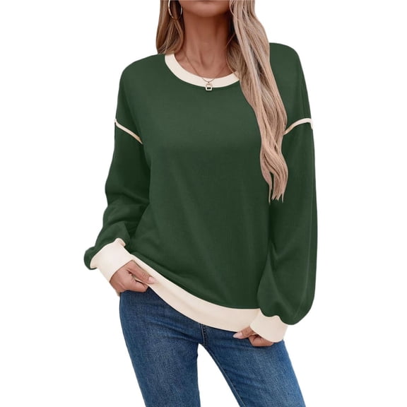 Womens Sweatshirt Casual Long Sleeve Light Crewneck Sweatshirts Loose Solid Contrast Trim Pullover Tops Green XXL