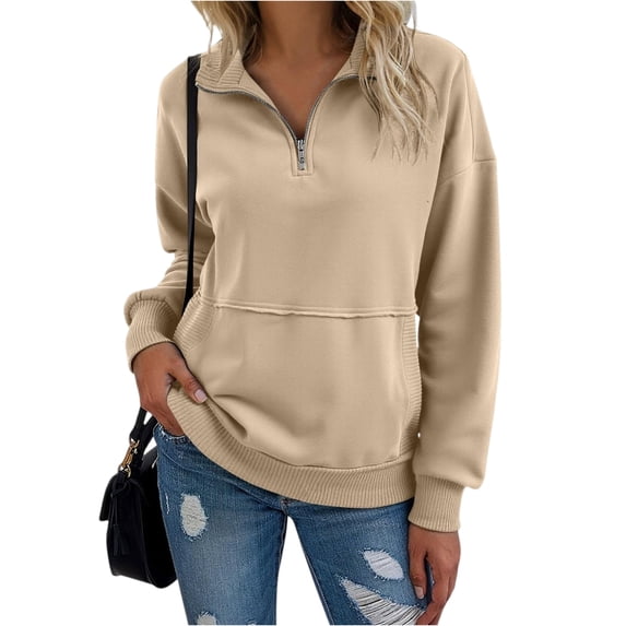 Womens Sweatshirt Casual Long Sleeve Quarter Zip Pullover Lightweight Sweatshirts Tops Fall Fashion Outfits 2025 Khaki XL