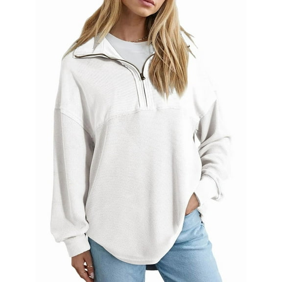 Womens Sweatshirt Casual Waffle Knit Half Zip Pullover Loose Long Sleeve Tops Fall Outfit Clothes White S