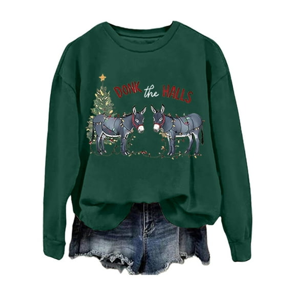 Womens Sweatshirt Christmas Long Sleeve Crew Neck Donkey Graphic Pullover Tops Winter Casual Cozy Soft Loose Fall Women's Sweatshirts Green XL