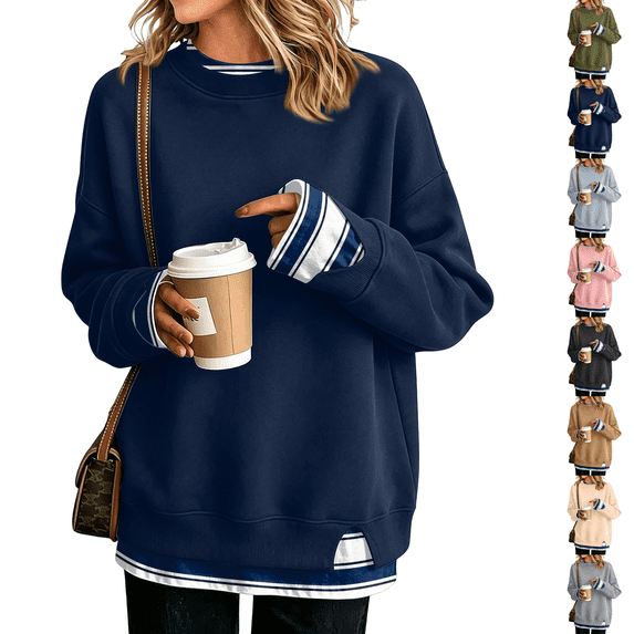 Womens Sweatshirt Classic Crew Neck French Terry Split Hem Loose Pullover Sweatshirts Fake Two‑Piece Long Sleeve Layered Casual Top