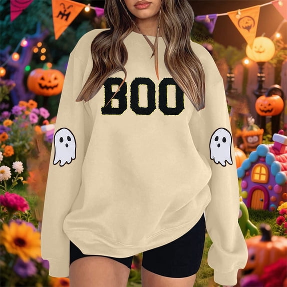 Womens Sweatshirt Crew Neck Grunge Halloween BOO Letter Ghost Sleeve Graphic Long Sleeve Streetwear Holiday Pullover Tops Fall Winter Clothes Beige L