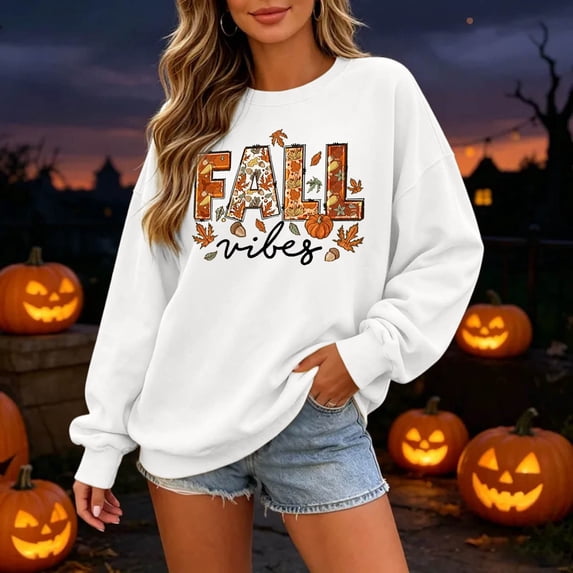 Womens Sweatshirt Crew Neck Halloween Fall Leaves Letter Graphic Pullover Cottagecore Autumn Holiday Top Fall Winter Oversized Sweatshirts White 2XL