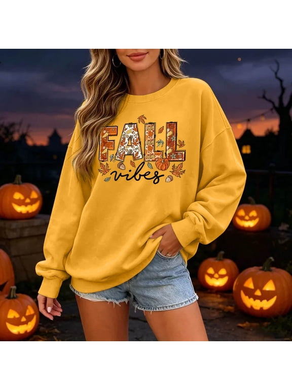 Womens Sweatshirt Crew Neck Halloween Fall Leaves Letter Graphic Pullover Cottagecore Autumn Holiday Top Fall Winter Oversized Sweatshirts Yellow XL
