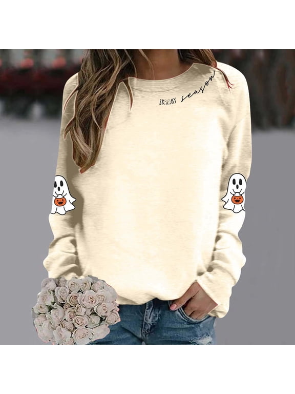 Womens Sweatshirt Crew Neck Halloween Ghost Pumpkin Graphic Spooky Season Print Long Sleeve Tee Y2K Streetwear Casual Loose Pullover Tops Beige XL