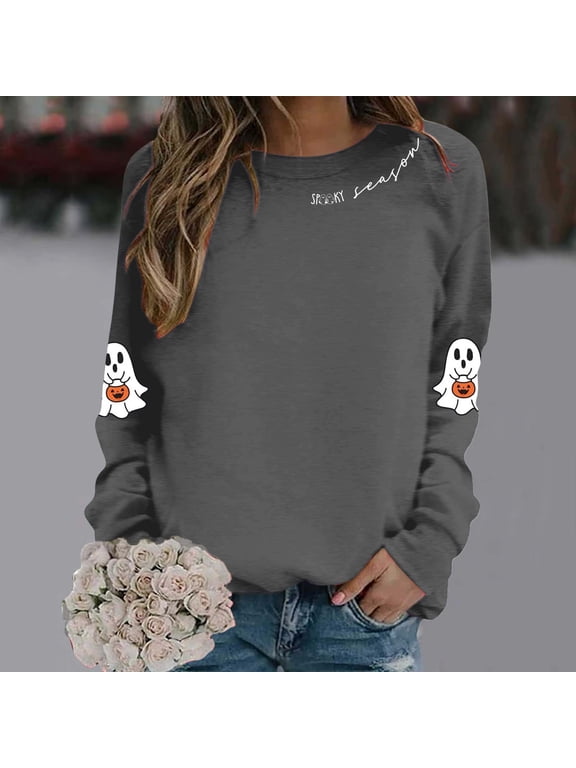 Womens Sweatshirt Crew Neck Halloween Ghost Pumpkin Graphic Spooky Season Print Long Sleeve Tee Y2K Streetwear Casual Loose Pullover Tops Dark Gray L